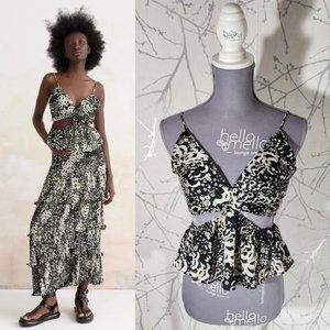 Zara Abstract Floral Printed Satin Strappy Cutout Tank